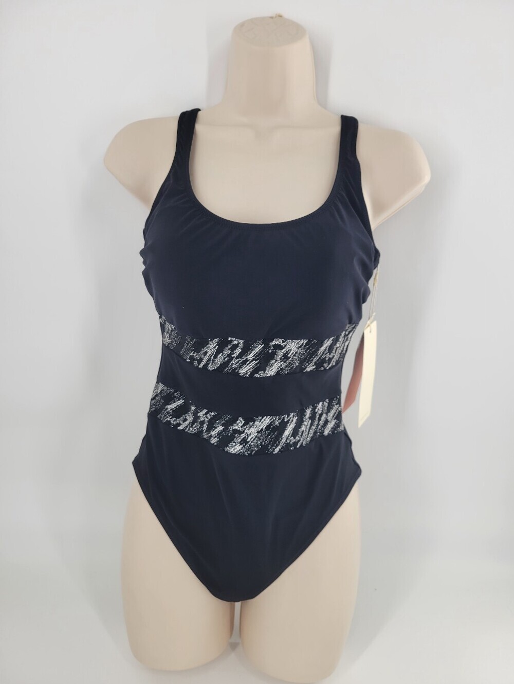 Gottex Black One-Piece Swimsuit with Silver Abstract Bands Size 10 New